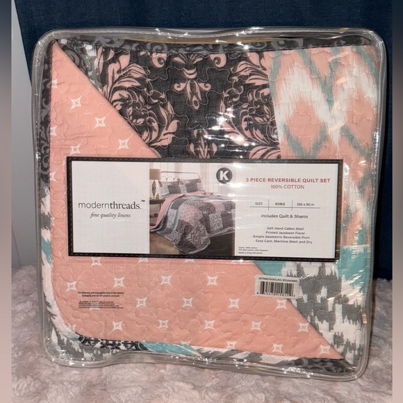 NWT Bed Bath& Beyond Sylvia Printed Reversible 3piece King Size Cotton Quilt Set - Picture 3 of 16